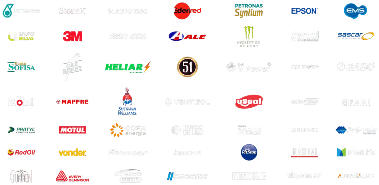 Logotipos de marcas que fazem parte da história da Scuderia Bandeiras, entre elas PETRONAS, Sherwin-Williams, ALE, Heliar, Motul, Copa Energia, Banco Sofisa, 3M, Mobil, MAPFRE, BRB, MetLife, EMS, Epson e Autotrac